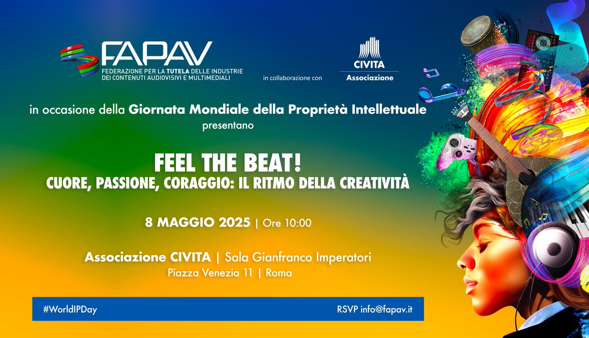 In occasione del #WorldIPDay, il prossimo 8 maggio <a href="/FAPAV_IT/">FAPAV</a>, in collaborazione con <a href="/socialcivita/">CIVITA</a>, organizza “FEEL THE BEAT! CUORE, PASSIONE, CORAGGIO: IL RITMO DELLA CREATIVITÀ”.
 
Rsvp: info@fapav.it
