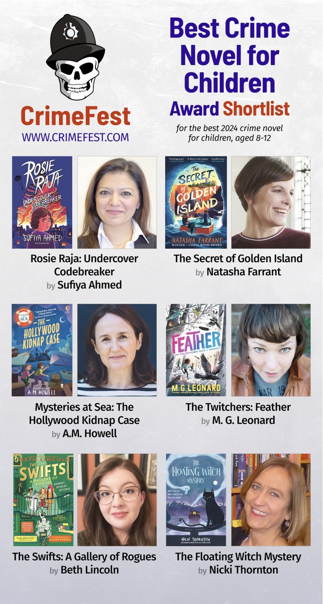 CrimeFest (@crimefest) on Twitter photo The 2025 #CrimeFest shortlist for the Best Crime Fiction Award for Children (8-12) is:
<a href="/sufiyaahmed/">sufiya ahmed</a>; <a href="/NatashaFarrant1/">Natasha Farrant</a>; <a href="/AMHowellwrites/">A M Howell</a>; <a href="/MGLnrd/">M. G. Leonard</a> <a href="/bethatintervals/">beth lincoln (updates only)</a>; <a href="/nicki_thornton/">Nicki Thornton</a> The 2025 #CrimeFest shortlist for the Best Crime Fiction Award for Children (8-12) is:
<a href="/sufiyaahmed/">sufiya ahmed</a>; <a href="/NatashaFarrant1/">Natasha Farrant</a>; <a href="/AMHowellwrites/">A M Howell</a>; <a href="/MGLnrd/">M. G. Leonard</a> <a href="/bethatintervals/">beth lincoln (updates only)</a>; <a href="/nicki_thornton/">Nicki Thornton</a>