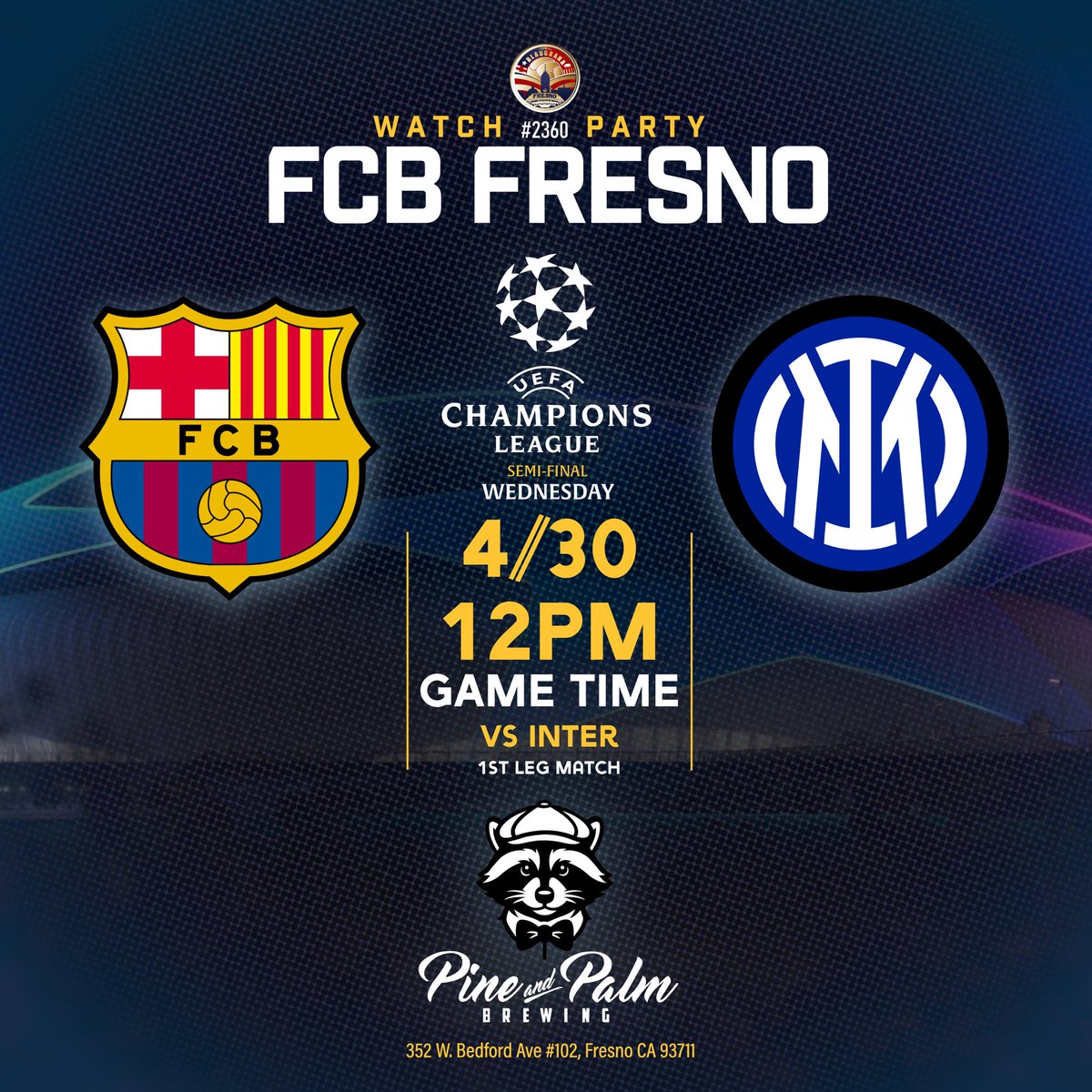 Penya Blaugrana Fresno (@fcb_fresno) on Twitter photo Nos Vemos Hoy en Pine & Palm Brewing para el primer partido de semifinal de la Champions League! Los esperamos a todos! 🌲🌴🍻 VISCA EL BARÇA! 💙❤️
<a href="/marccrosas/">Marc Crosas</a> <a href="/Paco_Villa_/">Paco Villa</a> <a href="/cantogoles/">Daniel Nohra</a> <a href="/elchefhugord/">Hugo Ramirez (Chef)</a> <a href="/TUDNUSA/">TUDN USA</a> <a href="/VIX/">ViX</a> #FCBFresno #BarçaInter #ChampionsEnUnimas Nos Vemos Hoy en Pine & Palm Brewing para el primer partido de semifinal de la Champions League! Los esperamos a todos! 🌲🌴🍻 VISCA EL BARÇA! 💙❤️
<a href="/marccrosas/">Marc Crosas</a> <a href="/Paco_Villa_/">Paco Villa</a> <a href="/cantogoles/">Daniel Nohra</a> <a href="/elchefhugord/">Hugo Ramirez (Chef)</a> <a href="/TUDNUSA/">TUDN USA</a> <a href="/VIX/">ViX</a> #FCBFresno #BarçaInter #ChampionsEnUnimas