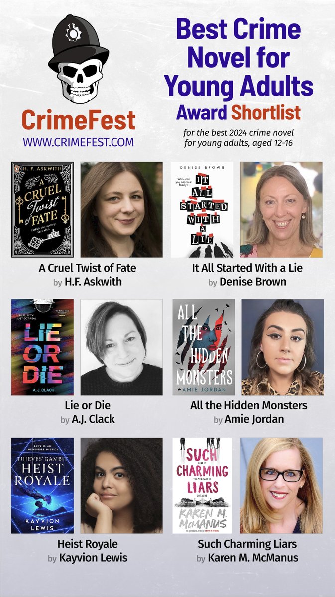 CrimeFest (@crimefest) on Twitter photo The 2025 #CrimeFest shortlist for Best Crime Fiction Award for Young Adults (12-16) is: <a href="/hf_askwith/">HF Askwith</a>; <a href="/DeniseBrownUK/">Denise Brown</a>; <a href="/alisonclack1/">a j clack</a>; <a href="/amiescool/">Amie Jordan</a>; <a href="/KayvionLewis/">Kayvion Lewis</a>; <a href="/writerkmc/">Karen M. McManus Updates</a> The 2025 #CrimeFest shortlist for Best Crime Fiction Award for Young Adults (12-16) is: <a href="/hf_askwith/">HF Askwith</a>; <a href="/DeniseBrownUK/">Denise Brown</a>; <a href="/alisonclack1/">a j clack</a>; <a href="/amiescool/">Amie Jordan</a>; <a href="/KayvionLewis/">Kayvion Lewis</a>; <a href="/writerkmc/">Karen M. McManus Updates</a>