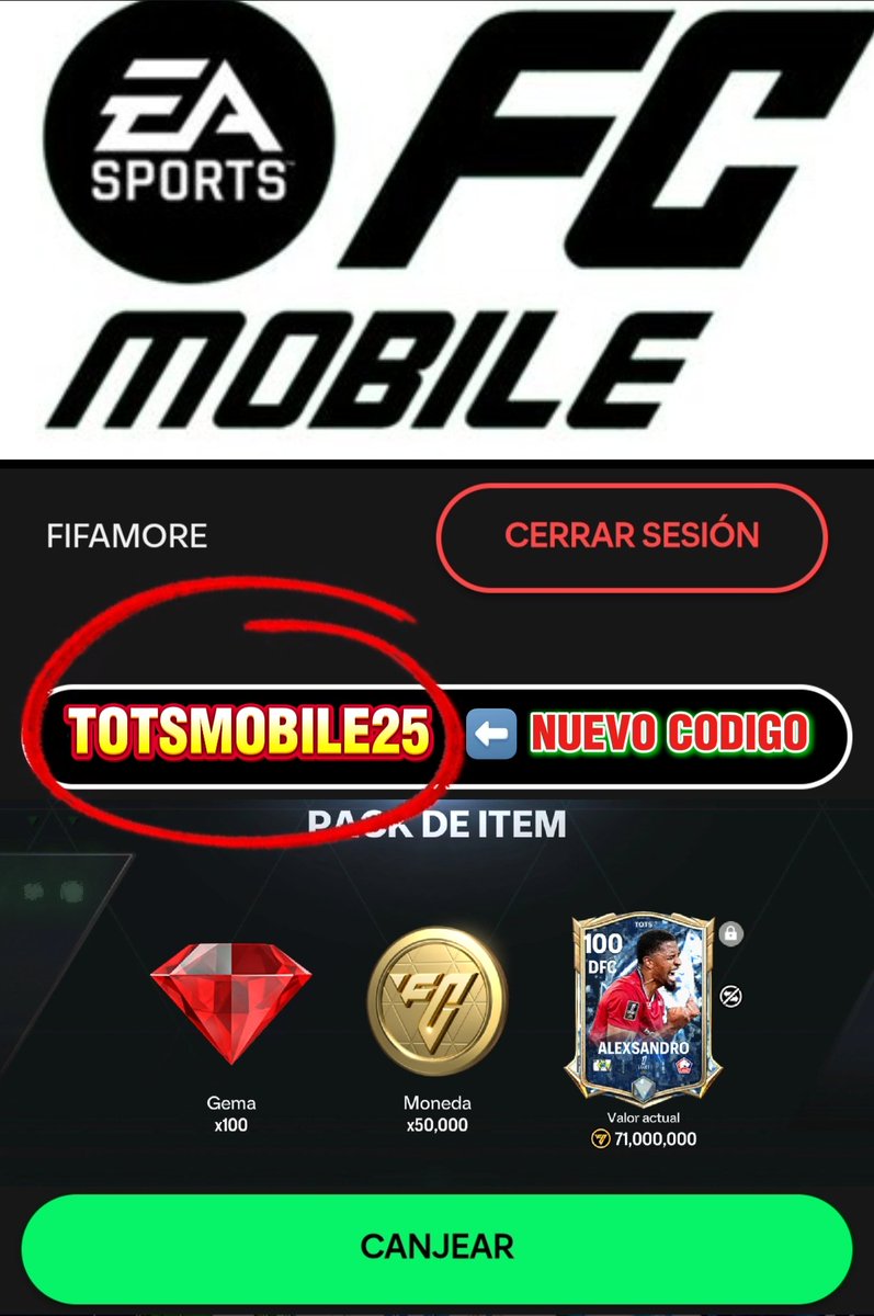 FIFAMORE (@abrahammore7) on Twitter photo NUEVO CODIGO EN FCMOBILE
"TOTSMOBILE25"
Vayan a reclamarlo a: redeem.fcm.ea.com
Se agradece RT <a href="/EAFCMobileForum/">FC MOBILE FORUM</a>
<a href="/EASFCMOBILE/">EA SPORTS FC MOBILE</a> <a href="/FC_14_STAR/">FC-STAR</a> <a href="/FirstHalfYT/">FirstHalf EAFC</a> <a href="/HDWolvie/">WolvieHD</a> <a href="/JoseAlep1/">PALLADINO</a> <a href="/YerisFcMobile/">Yeris FC Mobile 🇸🇻</a> <a href="/totono97/">Totono FC🇨🇴</a> <a href="/tutiofifa/">Tío Fifah 🇨🇴 🇵🇸 حرة</a> <a href="/EAFCUniverse24/">FC Mobile Universe</a> <a href="/FIFAPOSTING/">FC MOBILE Posting</a> <a href="/ALXNSO_MOBILE/">Alxnso</a> <a href="/M0BILEDROID/">MOBILEDROID</a> NUEVO CODIGO EN FCMOBILE
"TOTSMOBILE25"
Vayan a reclamarlo a: redeem.fcm.ea.com
Se agradece RT <a href="/EAFCMobileForum/">FC MOBILE FORUM</a>
<a href="/EASFCMOBILE/">EA SPORTS FC MOBILE</a> <a href="/FC_14_STAR/">FC-STAR</a> <a href="/FirstHalfYT/">FirstHalf EAFC</a> <a href="/HDWolvie/">WolvieHD</a> <a href="/JoseAlep1/">PALLADINO</a> <a href="/YerisFcMobile/">Yeris FC Mobile 🇸🇻</a> <a href="/totono97/">Totono FC🇨🇴</a> <a href="/tutiofifa/">Tío Fifah 🇨🇴 🇵🇸 حرة</a> <a href="/EAFCUniverse24/">FC Mobile Universe</a> <a href="/FIFAPOSTING/">FC MOBILE Posting</a> <a href="/ALXNSO_MOBILE/">Alxnso</a> <a href="/M0BILEDROID/">MOBILEDROID</a>