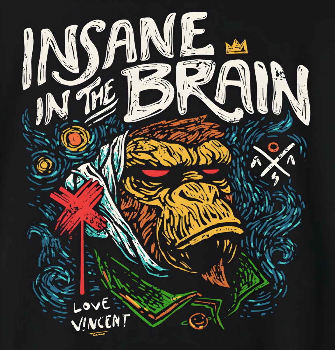 “Insane in the Brain” <a href="/AngryApesNFT/">Angry Apes Society</a> 
(Things are cooking 🔥 <a href="/AngryTeno/">AngryTeno</a> did such an outstanding job with this one 🧡)
If you want to get Legendary Art like this in merch form, make sure to check out the official <a href="/ApetopiaCo/">Apetopia</a> Shop 🤩 Teno will make some epic announcements soon