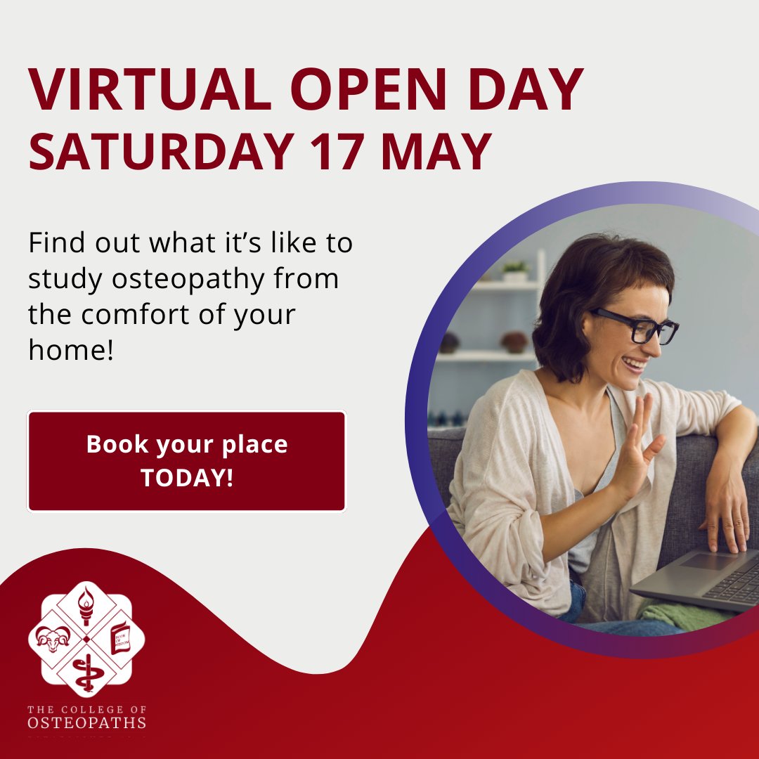 Thinking about a career in osteopathy?
Join our Virtual Open Day this May to find out more – all from home!
🩺 Learn about the course
🎤 Live talk + Q&amp;A
💻 Book now: bit.ly/44GDX9t
#Osteopathy #VirtualOpenDay #HealthcareCareers