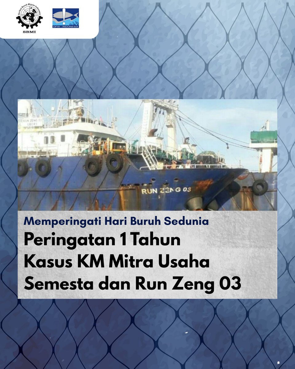 DFW_Indonesia's tweet photo. Utas: Satu Tahun Tragedi KM Mitra Usaha Semesta &amp; Kapal Run Zeng 03

Setahun lalu, 6 awak kapal perikanan Indonesia melompat ke Laut Arafura dari KM Mitra Usaha Semesta karena korban diduga kuat mengalami eksploitasi kerja, kekerasan di atas kapal, hingga menjadi korban TPPO. https://t.co/s5bznlVJgM