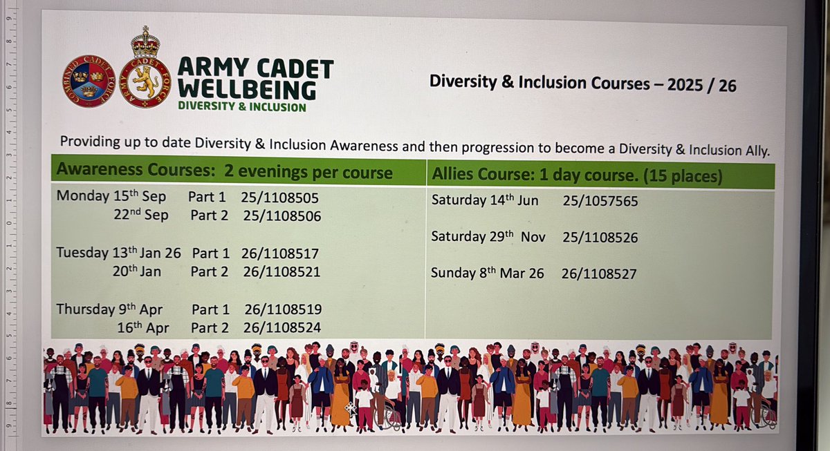 Regional Deputy Colonel Cadets HQN (W) (@dept_colcdt_nw) on Twitter photo Latest <a href="/AC_INCLUSION/">Army Cadets - Lead D&I Advisor</a> courses are available.
If you haven’t yet attended, why not? A safe space to learn and improve our organisation.
<a href="/gmanacf/">Gtr Manchester ACF</a> <a href="/MerseysideACF/">Merseyside ACF</a> <a href="/CumbriaACF/">Cumbria Army Cadet Force</a> <a href="/CheshireACF/">Cheshire Army Cadet Force</a> <a href="/LancsArmyCadets/">Lancs Army Cadets</a> <a href="/ArmyCadetsUK/">Army Cadets UK</a> <a href="/ArmyCadetsHoW/">Army Cadets Head of Wellbeing</a> Latest <a href="/AC_INCLUSION/">Army Cadets - Lead D&I Advisor</a> courses are available.
If you haven’t yet attended, why not? A safe space to learn and improve our organisation.
<a href="/gmanacf/">Gtr Manchester ACF</a> <a href="/MerseysideACF/">Merseyside ACF</a> <a href="/CumbriaACF/">Cumbria Army Cadet Force</a> <a href="/CheshireACF/">Cheshire Army Cadet Force</a> <a href="/LancsArmyCadets/">Lancs Army Cadets</a> <a href="/ArmyCadetsUK/">Army Cadets UK</a> <a href="/ArmyCadetsHoW/">Army Cadets Head of Wellbeing</a>