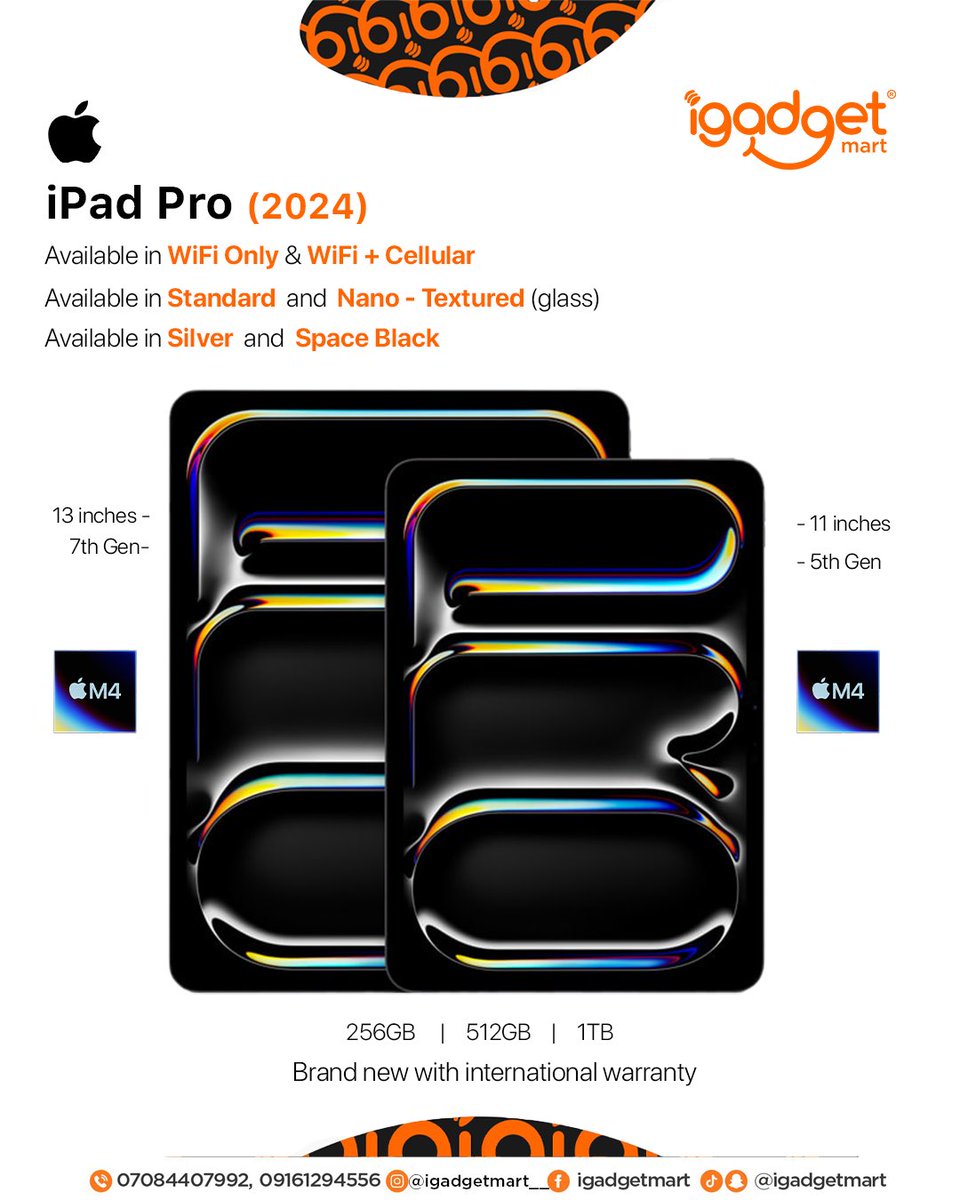 igadgetmartng's tweet image. Back in stock *
Brand new iPad Pro M4 Chip (2024)
Available in 11 and 13 - inches
To order
Kindly send a DM or WhatsApp +2347084407992
Website: igadgetmart.ng
