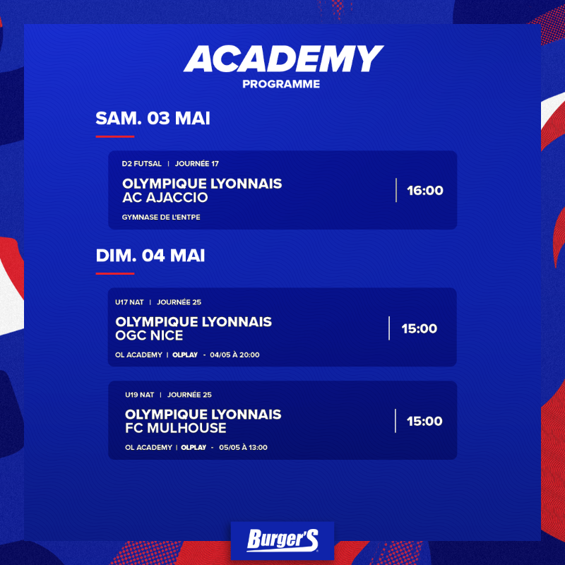OL's tweet photo. 🔴 Academy 🔵

📅 Découvrez le programme de l'#OLAcademy pour ce week-end ⚽

💻📱 𝟮 𝗺𝗮𝘁𝗰𝗵𝘀 𝗮̀ 𝘀𝘂𝗶𝘃𝗿𝗲 en différé sur @OLPLAY_Officiel :

▪ La réception de l'OGC Nice pour nos #U17 dimanche
▪ Nos #U19 face à Mulhouse lundi

👉 https://t.co/szeffqHUxE

#MadeInOL