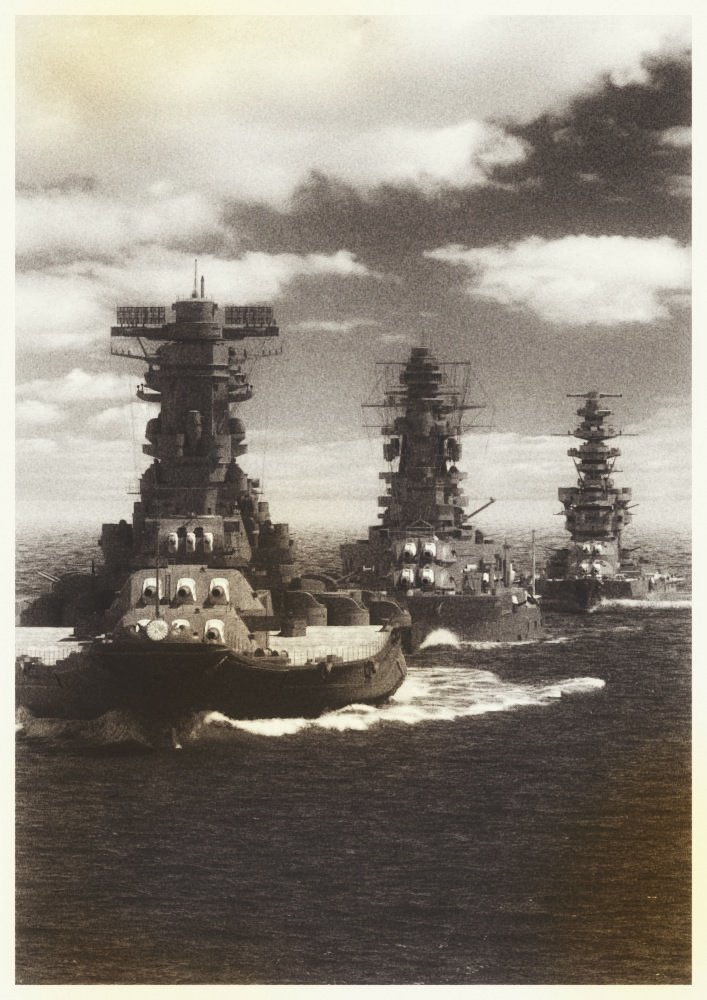 Formación de acorazados de La Armada Imperial Japonesa. Primer Acorazado :Yamato.Segundo Acorazado:Nagato y Tercer Acorazado :Fuso. Frente del Pacífico.