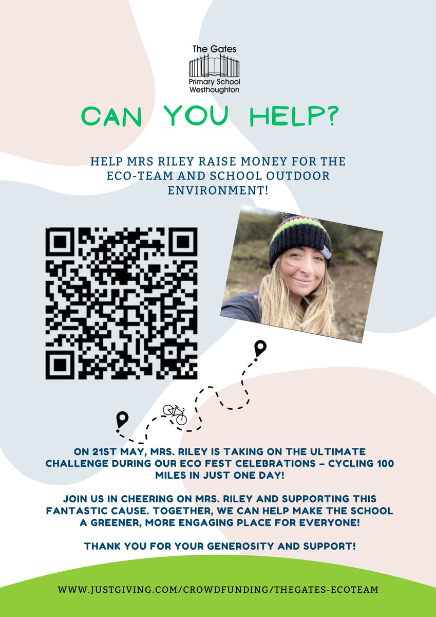 Can you help?
On 21st May, Mrs. Riley is cycling 100 miles in just one day to raise money for the Eco Team and improving the school's outdoor learning environment!
Please help by donating to this amazing cause!
justgiving.com/crowdfunding/t…