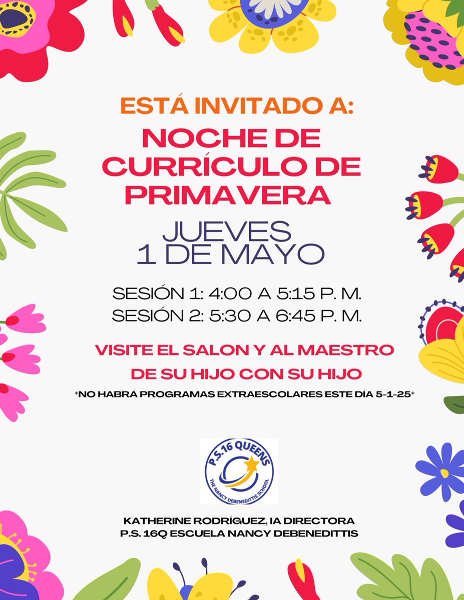 P.S.16Q The Nancy DeBenedittis School (@ps16queens) on Twitter photo Spring Curriculum Night! May 1st 2025!
Families AND Students are welcome to join in one of the following sessions:
Session 1 will take place 4:00PM-5:15PM
Session 2 will take place 5:30PM-6:45PM
Visit your child's classroom and teacher with your child!
<a href="/NYCSchools/">NYC Public Schools</a> <a href="/NYC_District24/">Anthony Rivera-School District 24</a> Spring Curriculum Night! May 1st 2025!
Families AND Students are welcome to join in one of the following sessions:
Session 1 will take place 4:00PM-5:15PM
Session 2 will take place 5:30PM-6:45PM
Visit your child's classroom and teacher with your child!
<a href="/NYCSchools/">NYC Public Schools</a> <a href="/NYC_District24/">Anthony Rivera-School District 24</a>