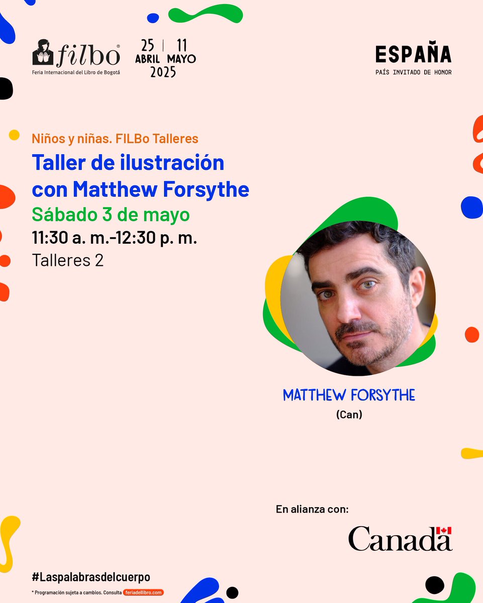 Canada en Colombie (@canadacolombie) on Twitter photo Le Canada est ravi de participer au Salon du livre de Bogotá <a href="/FILBogota/">FeriadelLibroBogotá</a> !🇨🇦
Ne manquez pas l'auteur et illustrateur primé Matthew Forsythe <a href="/mattforsythe/">Matthew Forsythe</a>, qui animera des ateliers d'illustration amusants et inspirants pour tous les âges.🎨 Le Canada est ravi de participer au Salon du livre de Bogotá <a href="/FILBogota/">FeriadelLibroBogotá</a> !🇨🇦
Ne manquez pas l'auteur et illustrateur primé Matthew Forsythe <a href="/mattforsythe/">Matthew Forsythe</a>, qui animera des ateliers d'illustration amusants et inspirants pour tous les âges.🎨