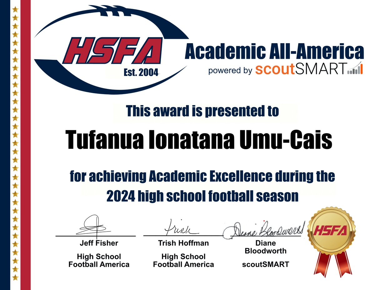 High School Football America (@hsfbamerica) on Twitter photo Congrats to Cherry Creek's Tufanua Ionatana Umu-Cais on being a member of the High School Football America Colorado Academic All-America Team, powered by <a href="/scoutSMART_/">scoutSMART®</a>
See the entire Colorado team -> highschoolfootballamerica.com/2024-high-scho… <a href="/umucais/">Tufanua Ionatana “TI” Umu~Cais</a> #playfootball #AllAmerican Congrats to Cherry Creek's Tufanua Ionatana Umu-Cais on being a member of the High School Football America Colorado Academic All-America Team, powered by <a href="/scoutSMART_/">scoutSMART®</a>
See the entire Colorado team -> highschoolfootballamerica.com/2024-high-scho… <a href="/umucais/">Tufanua Ionatana “TI” Umu~Cais</a> #playfootball #AllAmerican
