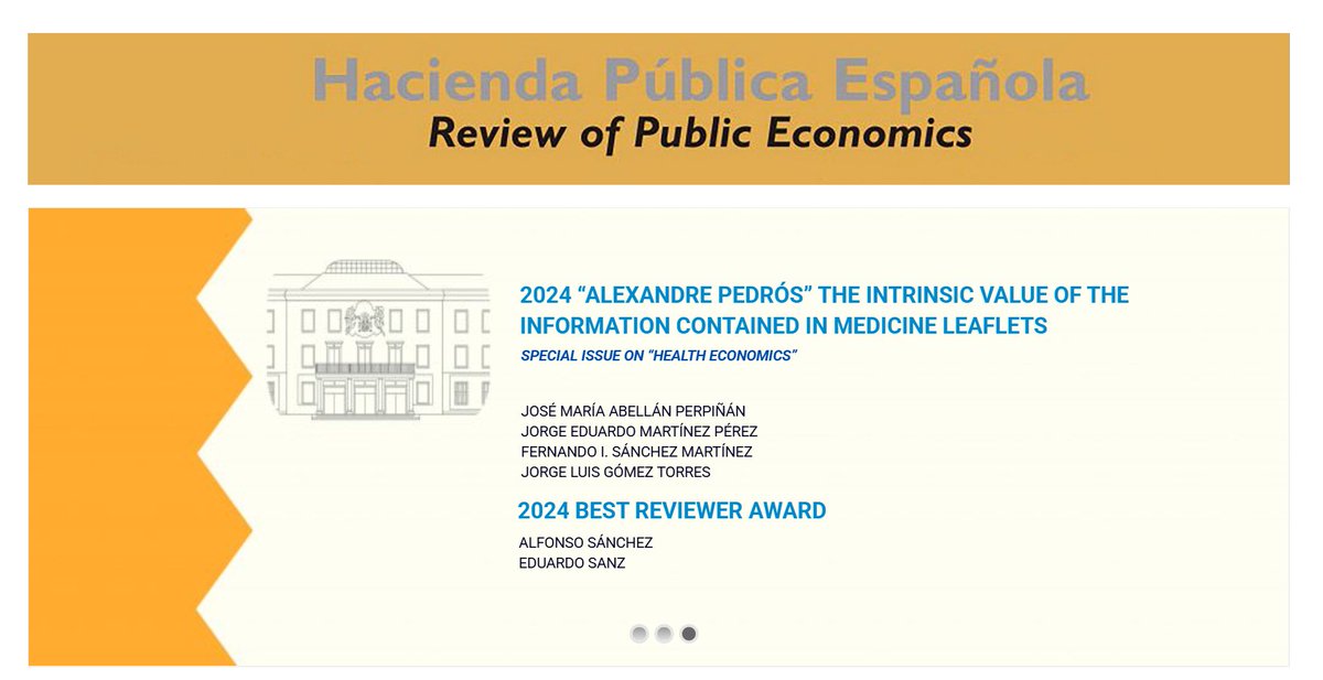 José María Abellán (@dionisosabellan) on Twitter photo Honored to share that our article "The Intrinsic Value of the Information in Medicine Leaflets" has been awarded best article of 2024 in #ReviewOfPublicEconomics.
hpe-rpe.org/awards/
<a href="/fernandoisanch/">Fernando I. Sánchez</a> <a href="/JorgeEduardoMP/">Jorge Martinez</a>
<a href="/IEF_ES/">IEF España</a> <a href="/amicspais/">Amics del País</a> <a href="/UMU/">Universidad Murcia</a> <a href="/EconomicasUMU/">Facultad de Economía y Empresa UMU</a> <a href="/AESeconsalud/">AES - Asociación de Economía de la Salud</a> Honored to share that our article "The Intrinsic Value of the Information in Medicine Leaflets" has been awarded best article of 2024 in #ReviewOfPublicEconomics.
hpe-rpe.org/awards/
<a href="/fernandoisanch/">Fernando I. Sánchez</a> <a href="/JorgeEduardoMP/">Jorge Martinez</a>
<a href="/IEF_ES/">IEF España</a> <a href="/amicspais/">Amics del País</a> <a href="/UMU/">Universidad Murcia</a> <a href="/EconomicasUMU/">Facultad de Economía y Empresa UMU</a> <a href="/AESeconsalud/">AES - Asociación de Economía de la Salud</a>