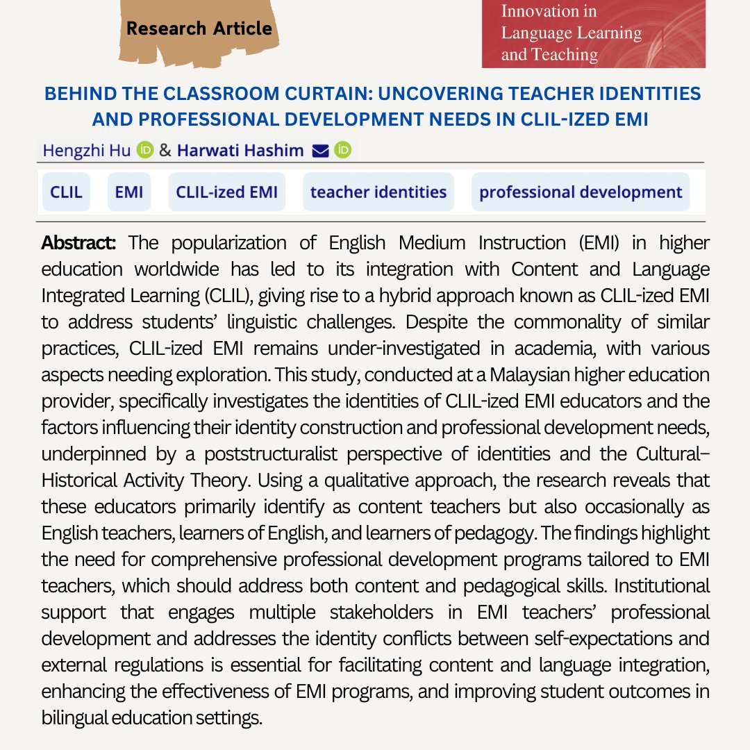 Behind the classroom curtain: uncovering teacher identities and professional development needs in CLIL-ized EMI
tandfonline.com/doi/full/10.10…