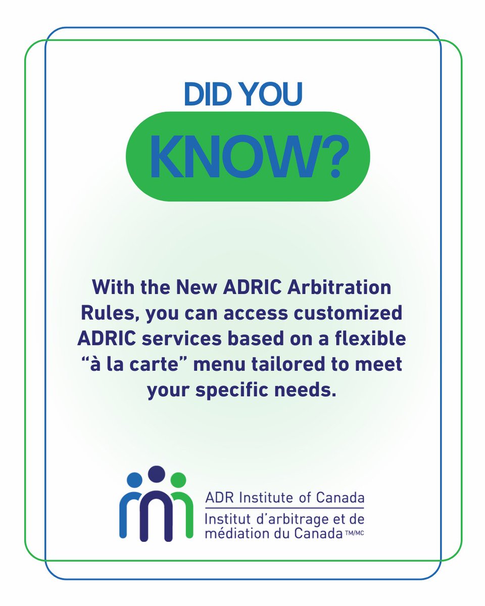ADRIC_IAMC's tweet image. The new ADRIC Arbitration Rules offer à la carte services so you can tailor the process to your needs. More control. More efficiency. More access. #ADR #Arbitration #ADRIC #NewRules #DisputeResolution