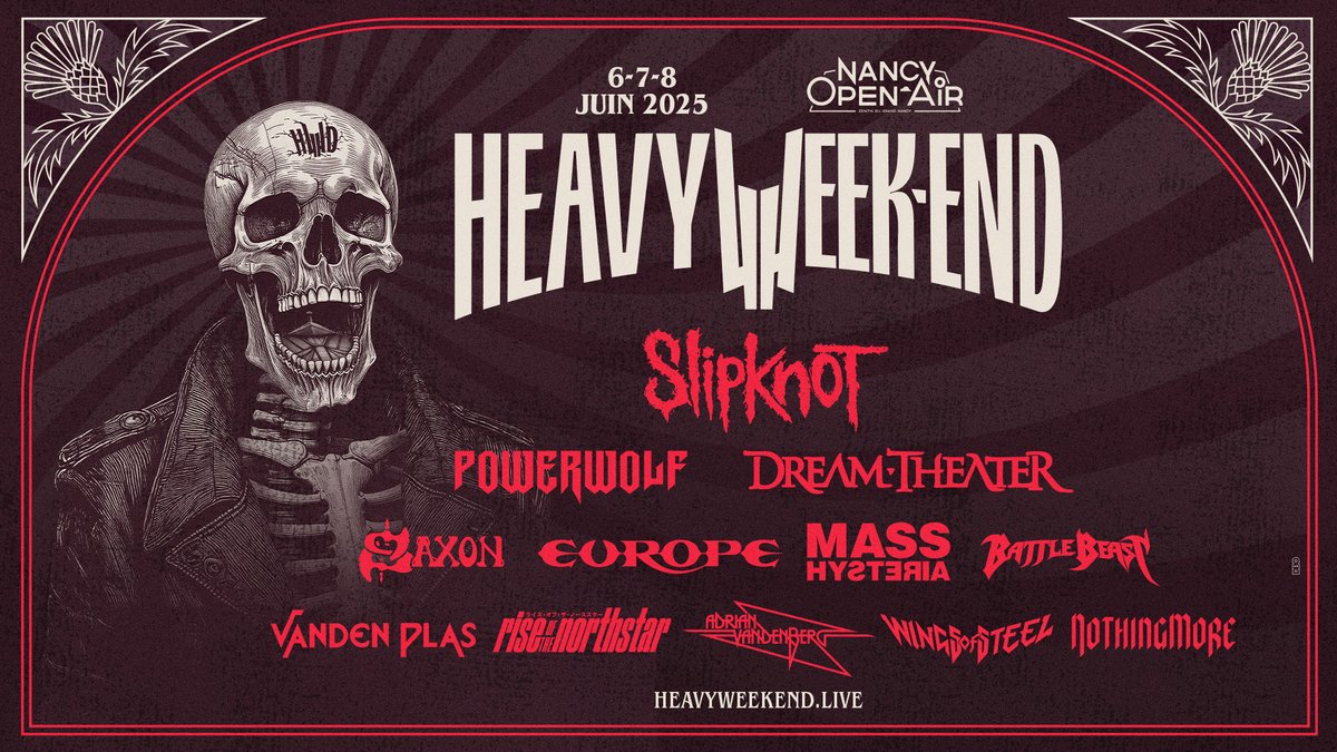 HeavyWD's tweet image. HEAVY WEEK-END 2025 – Le line-up est complet ! Après avoir annoncé @slipknot, @dreamtheaternet, @powerwolfband, Europe , @SaxonOfficial  et Mass Hysteria, le festival dévoile 6 nouveaux noms pour sa 2e édition les 6, 7 et 8 juin 2025 au NANCY OPEN AIR