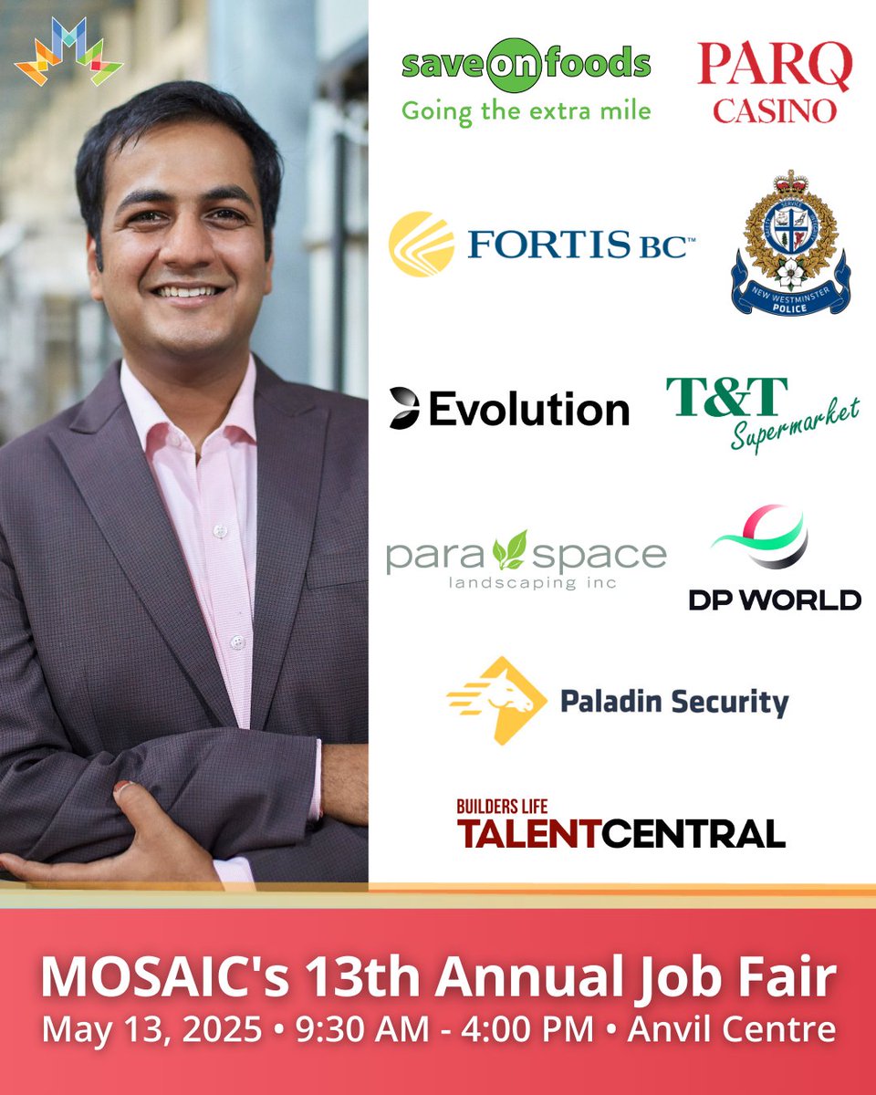 📣 MOSAIC's 13th Annual Job Fair is less than 2 weeks away! Meet with industry leaders and discover exciting job opportunities in retail, security, utilities, and more!

📝 Register now: jobfair.mosaicbc.org

#MOSAICJobFair2025 #JobFair #Hiring