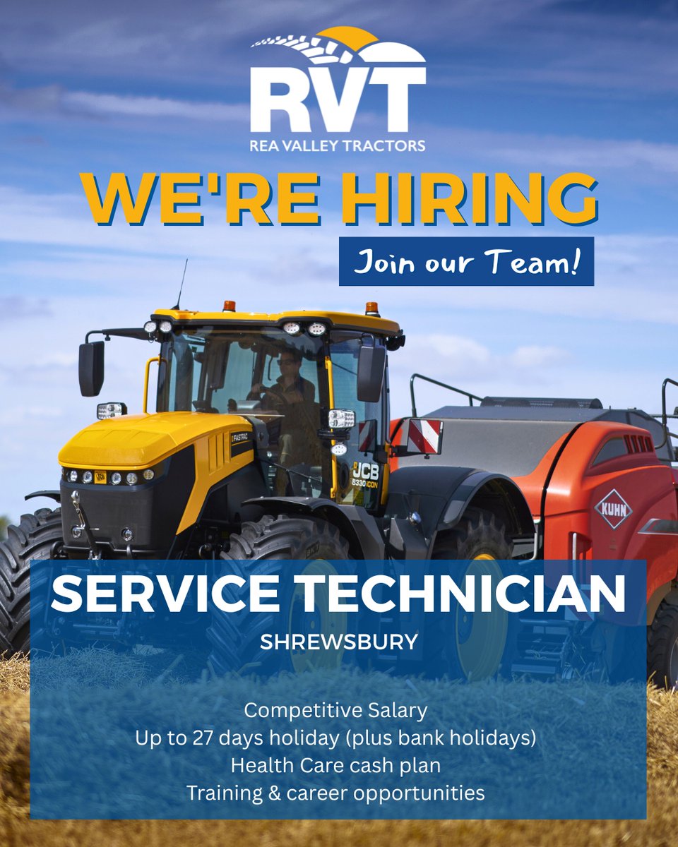 RVTractors's tweet image. 🚜 WE’RE HIRING AT SHREWSBURY! 🔧

👉 Apply now and power up your career with RVT: rvt.dunstallholdingscareers.co.uk

Or call Andrew on 07866 805670 for more information📲

Know someone perfect for the role? Tag them below! 👇  

#NowHiring #AgriJobs #newholland #jcb #kuhn