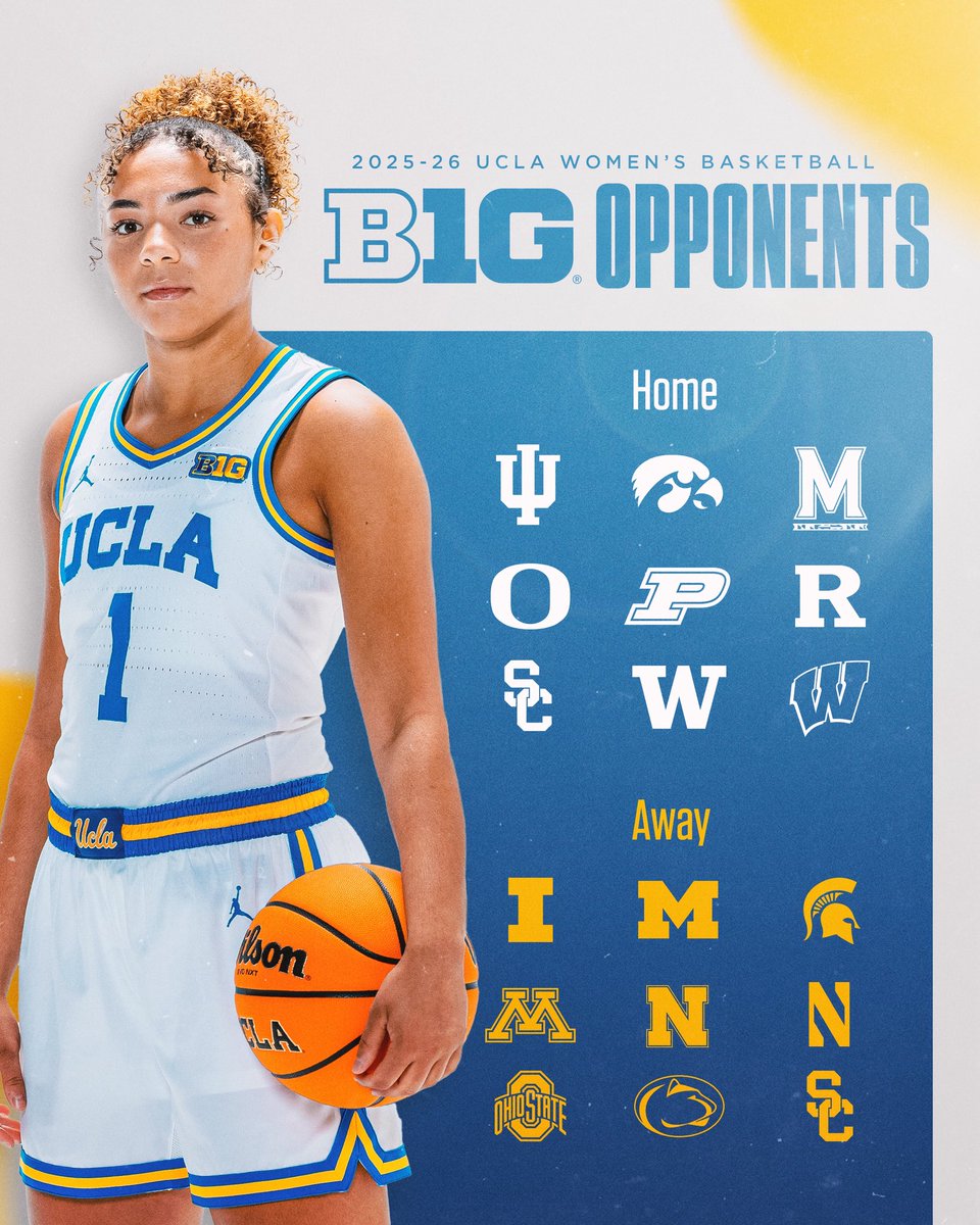 The Big Ten has announced our 2025-26 𝗰𝗼𝗻𝗳𝗲𝗿𝗲𝗻𝗰𝗲 𝗛𝗼𝗺𝗲-𝗔𝘄𝗮𝘆 𝗼𝗽𝗽𝗼𝗻𝗲𝗻𝘁𝘀! Check out who we’ve got coming to Westwood and where we’re going next season ⤵️
 
🗞️: ucla.in/4m1tzQ7
 
#GoBruins