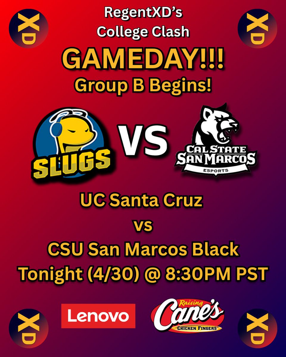 Regent (@regentxd) on Twitter photo ๐ฅ MATCHDAY!๐ฅ
Group B kicks off TONIGHT!
<a href="/SlugGamingUCSC/">Slug Gaming</a> ๐ vs ๐พ<a href="/CsusmEsports/">CSUSM Esports</a> (Black)
LIVE tonight (4/30/2025) @ 8:30PM PST! ๐๏ธ
๐บ twitch.tv/Regent_XD
#CollegeClash2025 #CS2 #collegiate #lenovo #raisingcanes ๐ฅ MATCHDAY!๐ฅ
Group B kicks off TONIGHT!
<a href="/SlugGamingUCSC/">Slug Gaming</a> ๐ vs ๐พ<a href="/CsusmEsports/">CSUSM Esports</a> (Black)
LIVE tonight (4/30/2025) @ 8:30PM PST! ๐๏ธ
๐บ twitch.tv/Regent_XD
#CollegeClash2025 #CS2 #collegiate #lenovo #raisingcanes