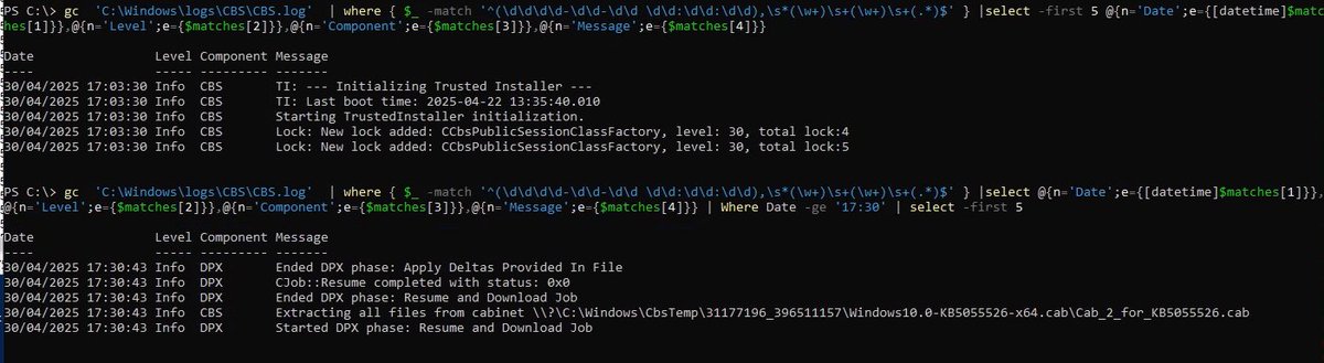 guyrleech's tweet image. Want to parse a CBS (Component Based Servicing)?
It's "easy" with #regex 😊
Can then filter in PowerShell, Out-Gridview (not pwsh 7.5.* ☹️), Excel , etc
I couldn't use .NET ReadLines() as file is locked & I prefer \d\d\d\d over \d{4} as I think looks less scary to you humans