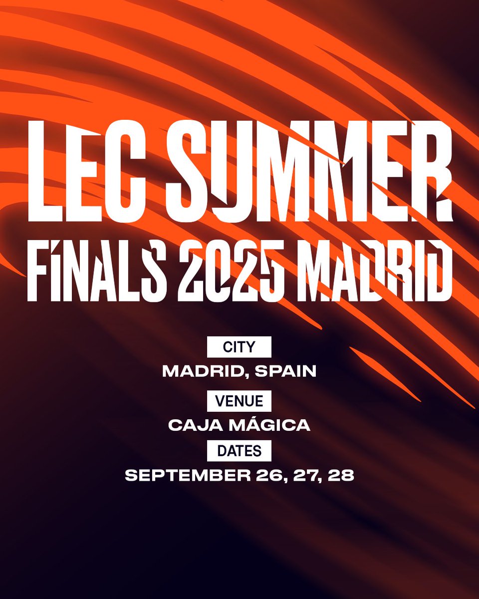 The #LEC Summer Finals head to the Caja Mágica in Madrid! 🇪🇸

Register now for the ticket pre-sale: lec.gg/Presale
