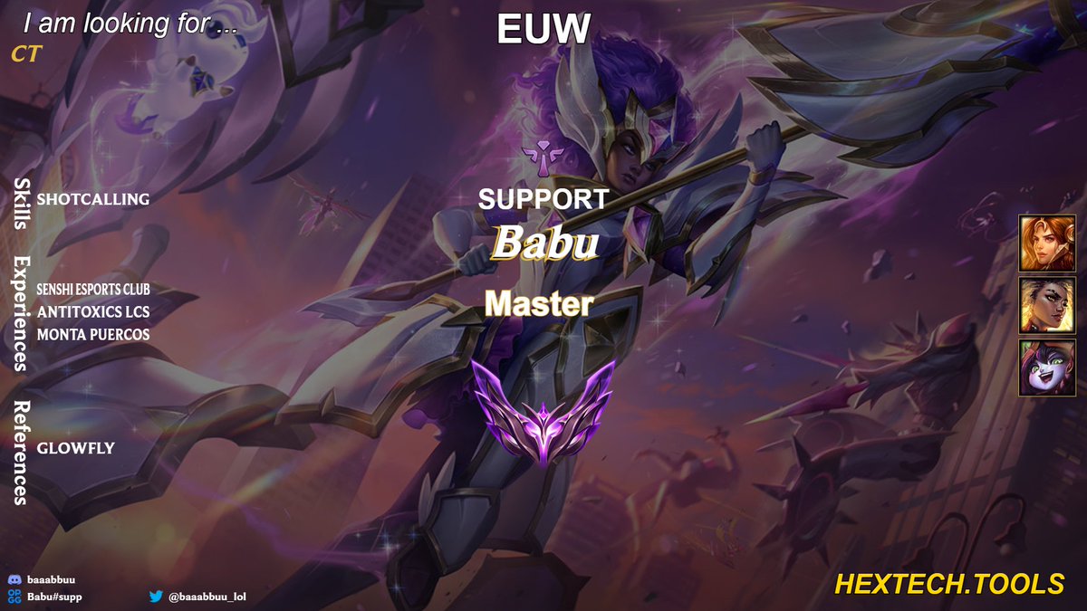 Buenísimas tardes,
estoy LFT de cara al siguiente split de Hextech disponible tardes / noches 
cualquier cosa MD o discord
se agradecen rt y favs <3