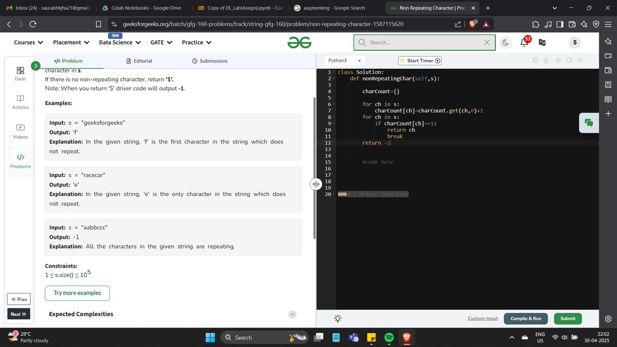 saurabhkjha21's tweet image. Day-17 of #gfg160 DSA Challenge
Problem:- Non Repeating Character
#geekstreak2025  #geeksforgeeks