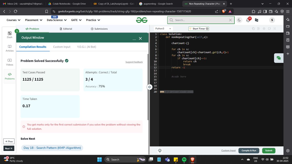 saurabhkjha21's tweet image. Day-17 of #gfg160 DSA Challenge
Problem:- Non Repeating Character
#geekstreak2025  #geeksforgeeks