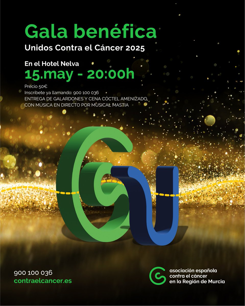 ¡Te invitamos a la #GalaBenéfica UNIDOS CONTRA EL CÁNCER en la Región de Murcia! 💚

📅 15 de mayo · 20:00h
📍 Hotel Nelva, Murcia
🎟️ Cena tipo cóctel: 50€