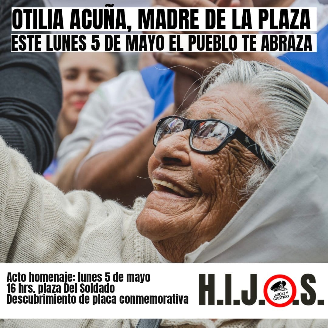 EL PUEBLO TE ABRAZA QUERIDA OTI! 

Te esperamos este lunes 5 de Mayo a las 16hs, para el acto homenaje de nuestra querida Madre de Plaza de Mayo.

H.I.J.O.S 
Santa Fe