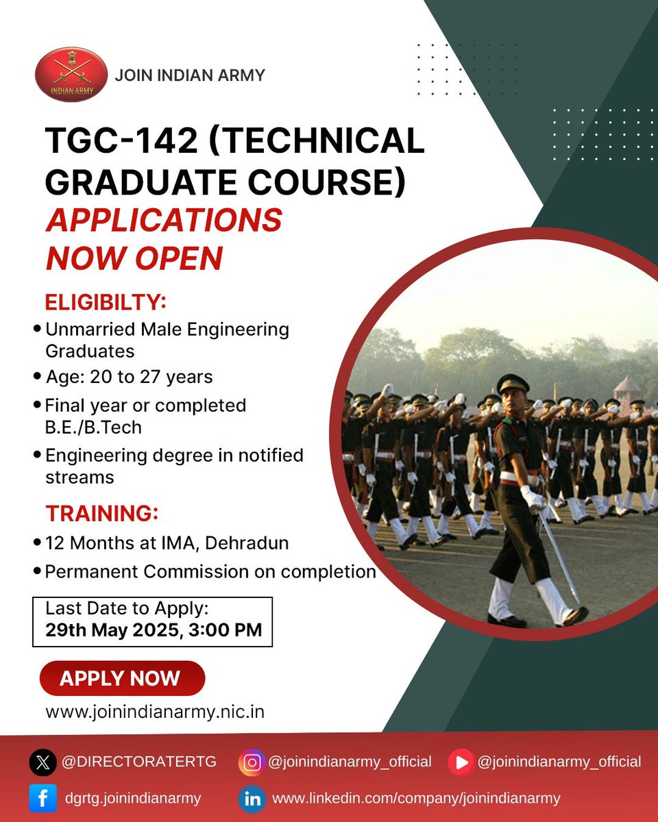 Are you an Engineering Graduate ready to lead as an Indian Army Officer?
The Technical Graduate Course (TGC-142) – January 2026 is your gateway to a prestigious career with the Indian Army!

✅ Who Can Apply?
* Unmarried male candidates with B.E./B.Tech or in the final year of