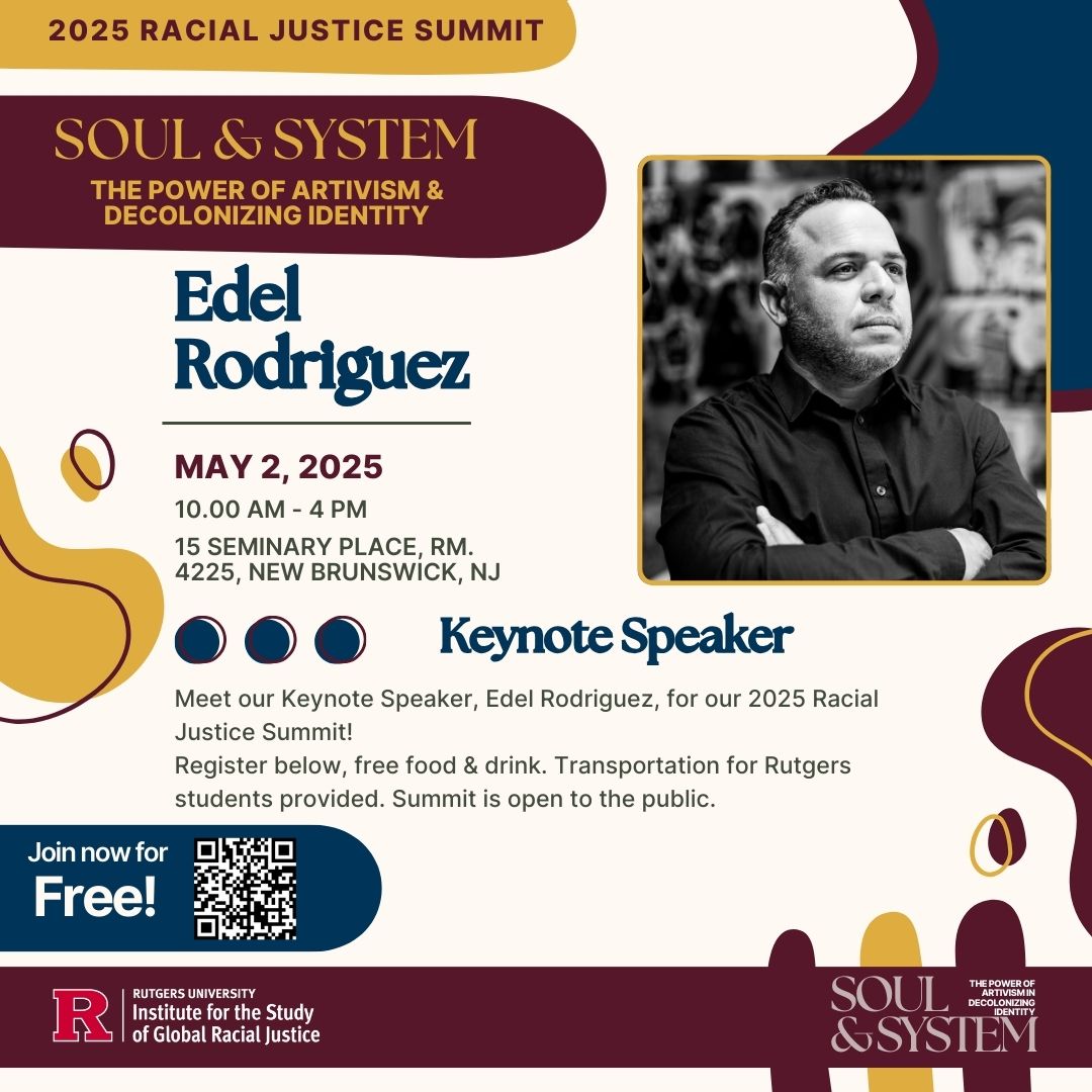 IN 2 DAYS, we’ll be honored to welcome <a href="/edelstudio/">Edel Rodriguez</a>, the visionary artist behind fearless political illustrations, as our keynote speaker for Soul &amp; System: The Power of Artivism in Decolonizing Identity! 

Don’t miss this inspiring conversation! 
Register: go.rutgers.edu/RAJU-Summit-20…