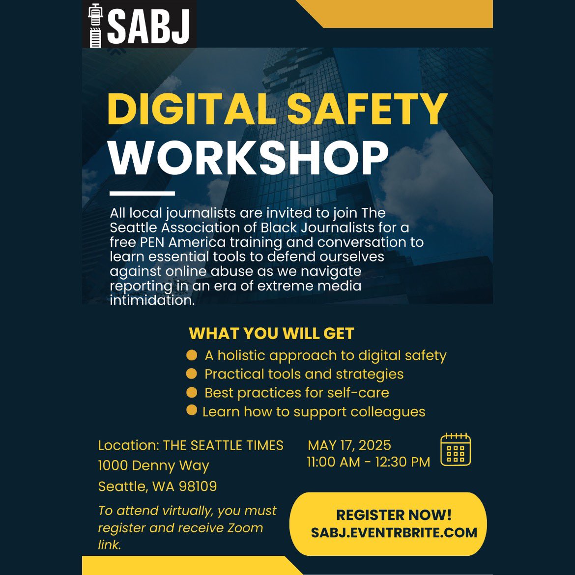 Journalists: Learn to protect yourself online! 

Join SABJ and <a href="/PENamerica/">PEN America</a> for a free digital safety seminar Sat, May 17, 11AM at The <a href="/seattletimes/">The Seattle Times</a>. All journalists welcome!

Register by May 12: sabj.eventbrite.com
Snacks, skills, &amp; solidarity await.

#DigitalSafety #Seattle