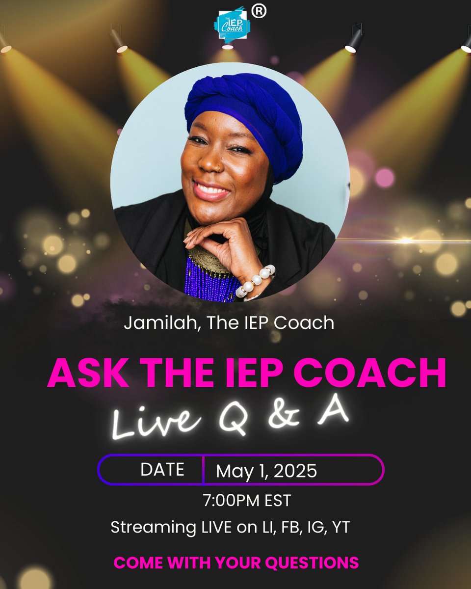 TheIEPCoachLLC's tweet photo. Have IEP questions? We’ve got answers.

Join us LIVE on Thursday, May 1st at 7PM (EST) for Ask the IEP Coach: Live Q&amp;A! 

This is your chance to get real-time support on anything IEP-related!

#AskTheIEPCoach #IEPHelp #IEPCoachLive

https://t.co/h4BNM54DXf https://t.co/LAtdwHNsDB