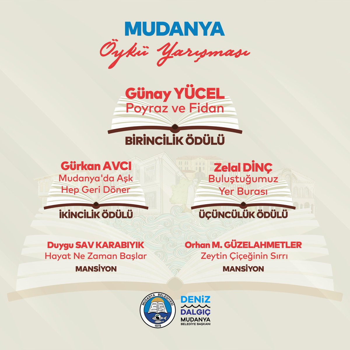 MudanyaBel's tweet photo. Mudanya Öykü Yarışması sonuçlandı.
Mudanya’yı anlatan öyküler, seçici kurul tarafından titizlikle değerlendirildi. Yarışmada dereceye giren ve eser gönderen tüm katılımcılarımızı kutluyor, teşekkür ediyoruz. Dereceye girenlere ödülleri, önümüzdeki günlerde törenle verilecek. https://t.co/yP3nomslN7