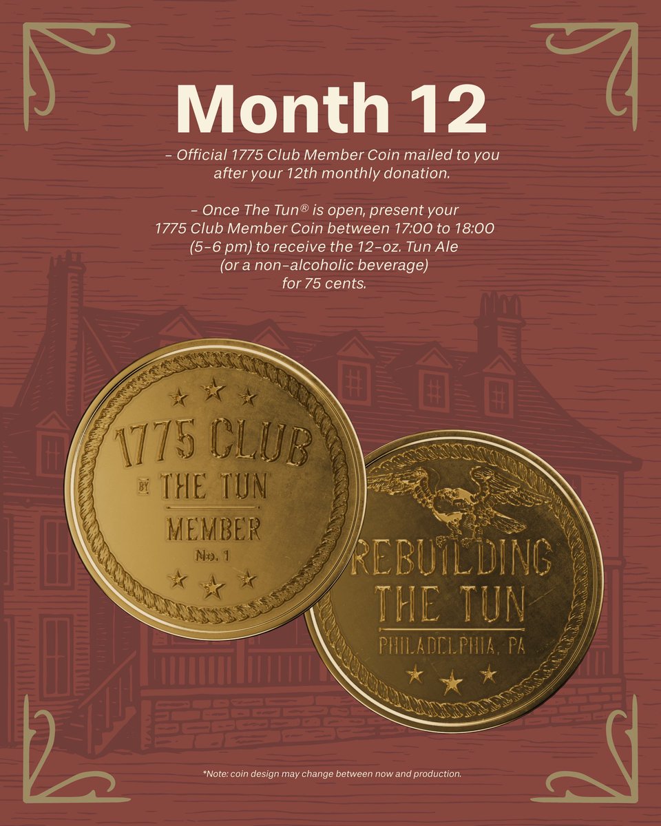 Introducing the 1775 Club, a membership club for individuals interested in helping to rebuild The Tun® in Philadelphia. Membership is only $17.75 per month for one year – or make a one-time donation of $213 – and you are a lifetime member. Visit thetun.org/1775-club/ to join!