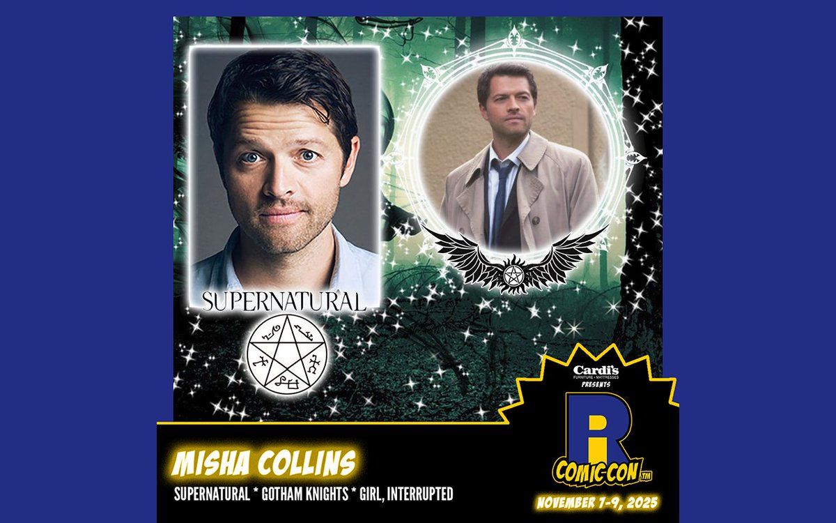 Please welcome <a href="/mishacollins/">Misha Collins</a> to #RICC2025 at <a href="/The_AMPPVD/">Amica Mutual Pavilion</a> and <a href="/RIConvention/">Rhode Island Convention Center</a>! Misha is best known for his role as the angel Castiel on #Supernatural. His other credits include Harvey Dent/Two Face in Gotham Knights, Tony in Girl, Interrupted, and Alexis Drazen in 24. Buy tickets