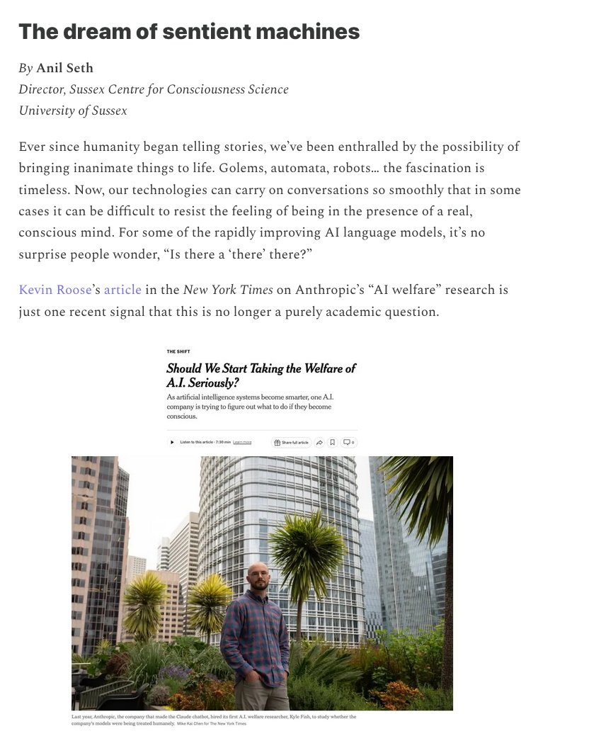 "The AI consciousness illusion, and the dream (nightmare?) of sentient machines." Prompted by <a href="/kevinroose/">Kevin Roose</a>'s recent piece in <a href="/nytimes/">The New York Times</a> I wrote a short essay for <a href="/azeem/">Azeem Azhar</a>'s essential <a href="/ExponentialView/">Exponential View 🔮</a>   exponentialview.co/p/the-ai-consc…