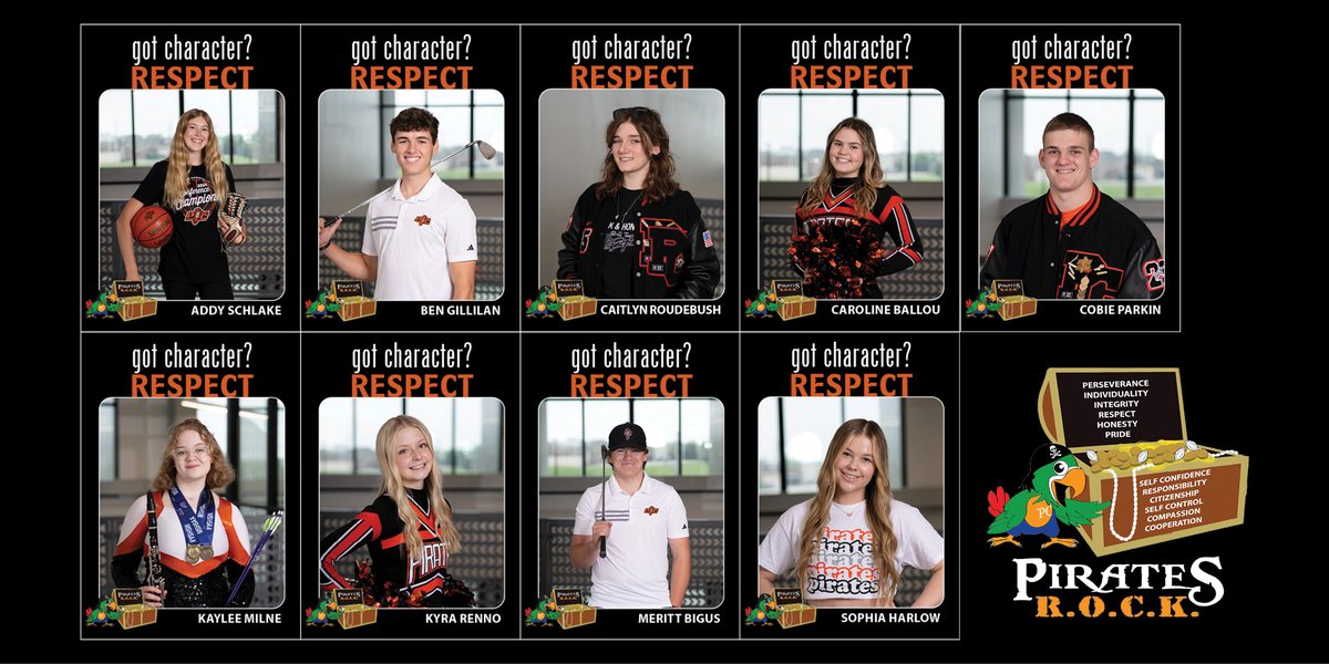 PlatteCountyR3's tweet photo. May's Pirates ROCK trait is RESPECT: being considerate of others, property, rules &amp; authority. #PCR3Proud of @PCHSHalls's Got Character Seniors: Addy Schlake, Ben Gillilan, Caitlyn Roudebush, Caroline Ballou, Cobie Parkin, Kaylee Milne, Kyra Renno, Meritt Bigus, &amp; Sophia Harlow! https://t.co/ADjDdWYgC6