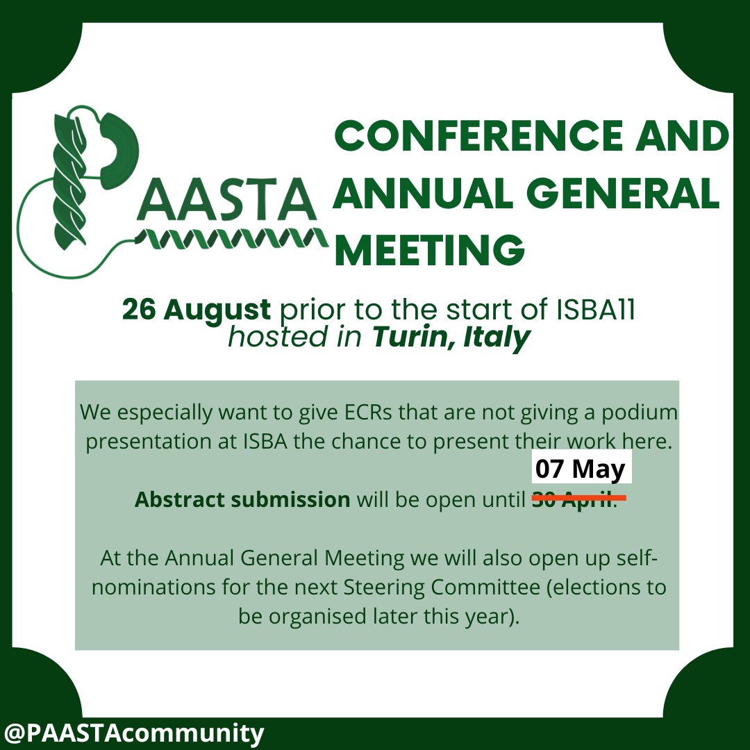 paastacommunity's tweet image. We are extending our #PAASTAConference deadline by a week! New deadline for abstracts is 07 May!
You can also submit an abstract if you applied for a poster @ISBA11_Torino, just ensure to mention this in the abstract.