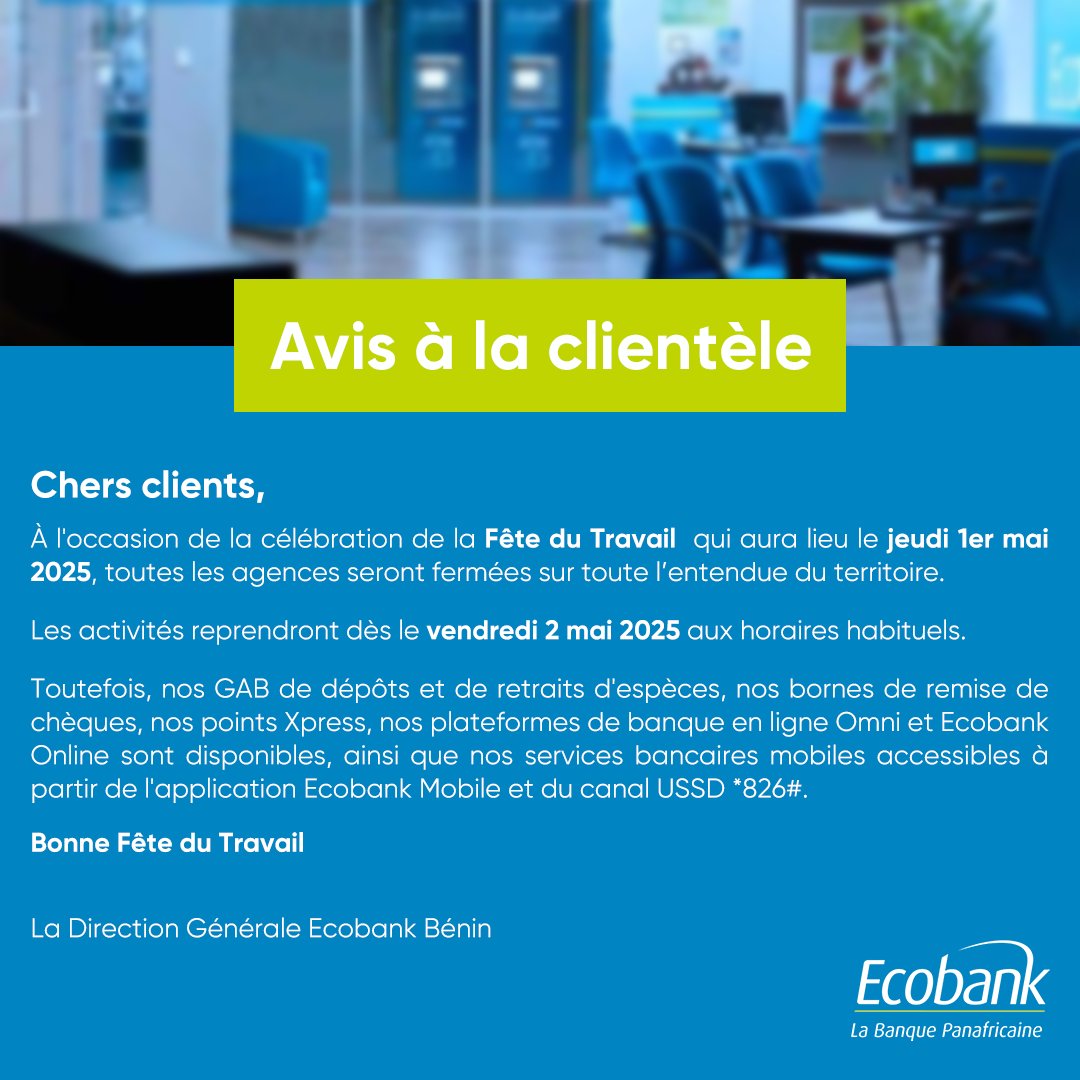 Informations utiles :

Fermeture de toutes nos agences ce 1er mai 2025 à l'occasion de la célébration de la Fête du Travail.
Reprise dès le vendredi 02 mai 2025 aux horaires habituels.

Bonne Fête du Travail.