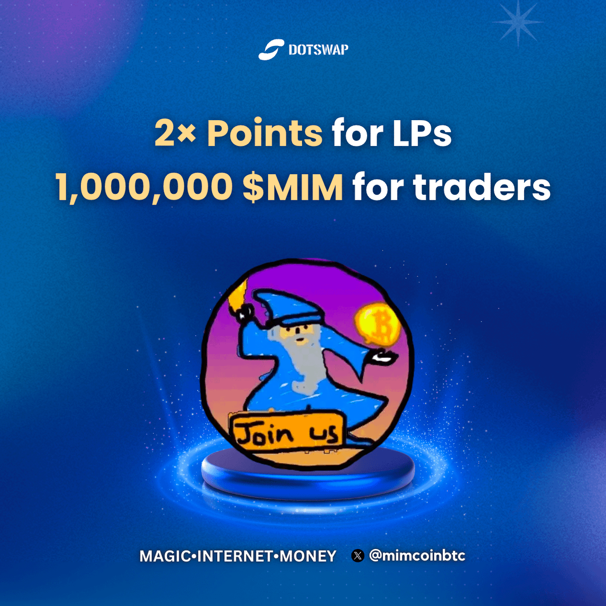 DotSwap (@dot_swap) on Twitter photo 🔮DotSwap × $MIM Magic Event!
To celebrate $MIM TVL exploding to 2.6 BTC, we're launching a week-long Magic Event!
✅Follow <a href="/bitcoinwizardry/">The Bitcoin Wizard</a> <a href="/mimcoinbtc/">Magic Internet Money</a>
🎁Buy ANY AMOUNT of $MIM to share 1,000,000 $MIM (buys via <a href="/XverseApp/">Xverse - Bitcoin Wallet for everyone</a> swaps are eligible)
✨ $MIM LPs now earn 2× LP points! 🔮DotSwap × $MIM Magic Event!
To celebrate $MIM TVL exploding to 2.6 BTC, we're launching a week-long Magic Event!
✅Follow <a href="/bitcoinwizardry/">The Bitcoin Wizard</a> <a href="/mimcoinbtc/">Magic Internet Money</a>
🎁Buy ANY AMOUNT of $MIM to share 1,000,000 $MIM (buys via <a href="/XverseApp/">Xverse - Bitcoin Wallet for everyone</a> swaps are eligible)
✨ $MIM LPs now earn 2× LP points!