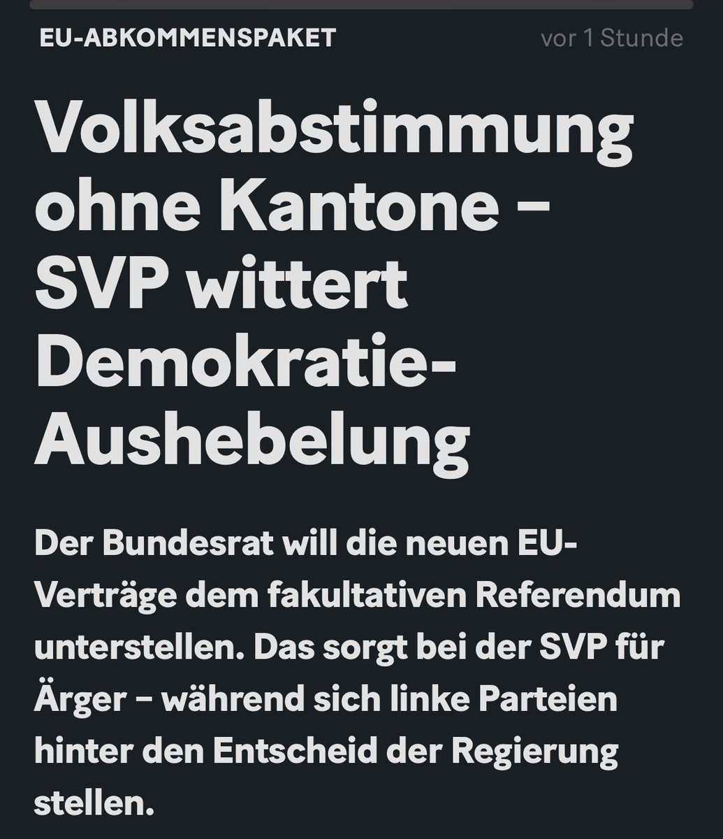 Unglaublich! 

Der Bundesrat will das EU-Abkommen nur dem fakultativen Referendum unterstellen – also keine automatische Volksabstimmung mit Ständemehr. Die SVP tobt, spricht von einem Angriff auf die direkte Demokratie. Linke und Mitteparteien hingegen loben den Entscheid als