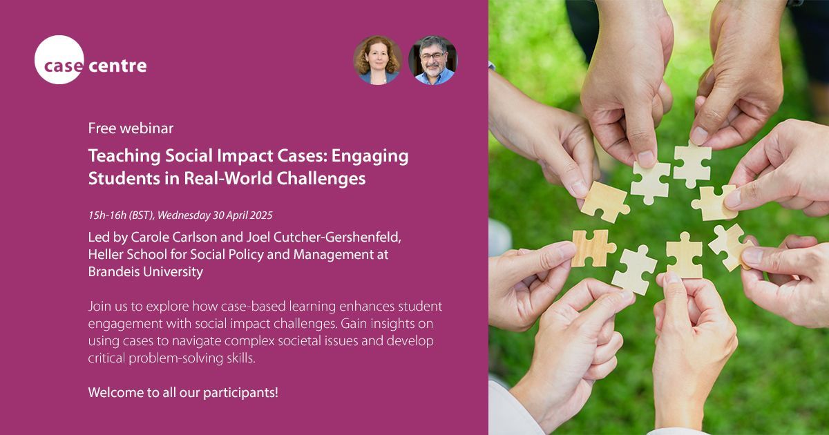 The Case Centre (@thecasecentre) on Twitter photo A warm welcome to participants joining our ‘Case Writing Collaboration: Setting Yourself up for Success’ webinar with <a href="/TheHellerSchool/">The Heller School</a>'s Carole Carlson and Joel Cutcher-Gershenfeld.
We run a variety of case method webinars throughout the year 👉 thecasecentre.org/webinars A warm welcome to participants joining our ‘Case Writing Collaboration: Setting Yourself up for Success’ webinar with <a href="/TheHellerSchool/">The Heller School</a>'s Carole Carlson and Joel Cutcher-Gershenfeld.
We run a variety of case method webinars throughout the year 👉 thecasecentre.org/webinars