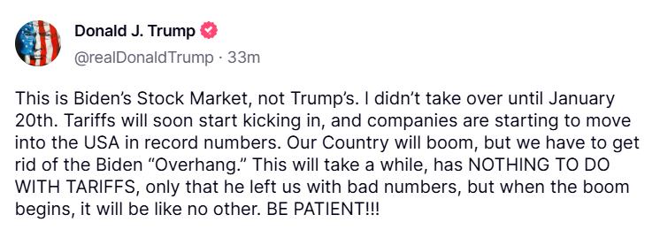 Cointelegraph's tweet photo. 🇺🇸 NEW: Trump on economy: "This is Biden’s stock market, not mine."

Says tariffs will "soon kick in" and Biden’s "overhang" must go for the economic "boom" to start. https://t.co/aGfeIfOc26
