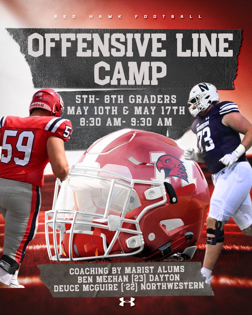🚨🚨 OFFENSIVE LINE CAMP 🚨🚨

Join us at the Marist SportsPlex for our yearly O-Line camp on Saturday, May 10th &amp; 17th. 

Come learn from Marist coaches, including special guest coaches, alumni Ben Meehan (Dayton) and Deuce McGuire (Northwestern)!

🏈: 5th - 8th grade lineman