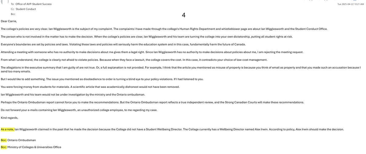 4/5 students have every right to escalate and in this case, the matter has reached the Ontario Ombudsman and the Ministry of Colleges and Universities. This isn’t just about one case. It’s about whether any student can trust the system to be fair. <a href="/OntHumanRights/">The OHRC</a>