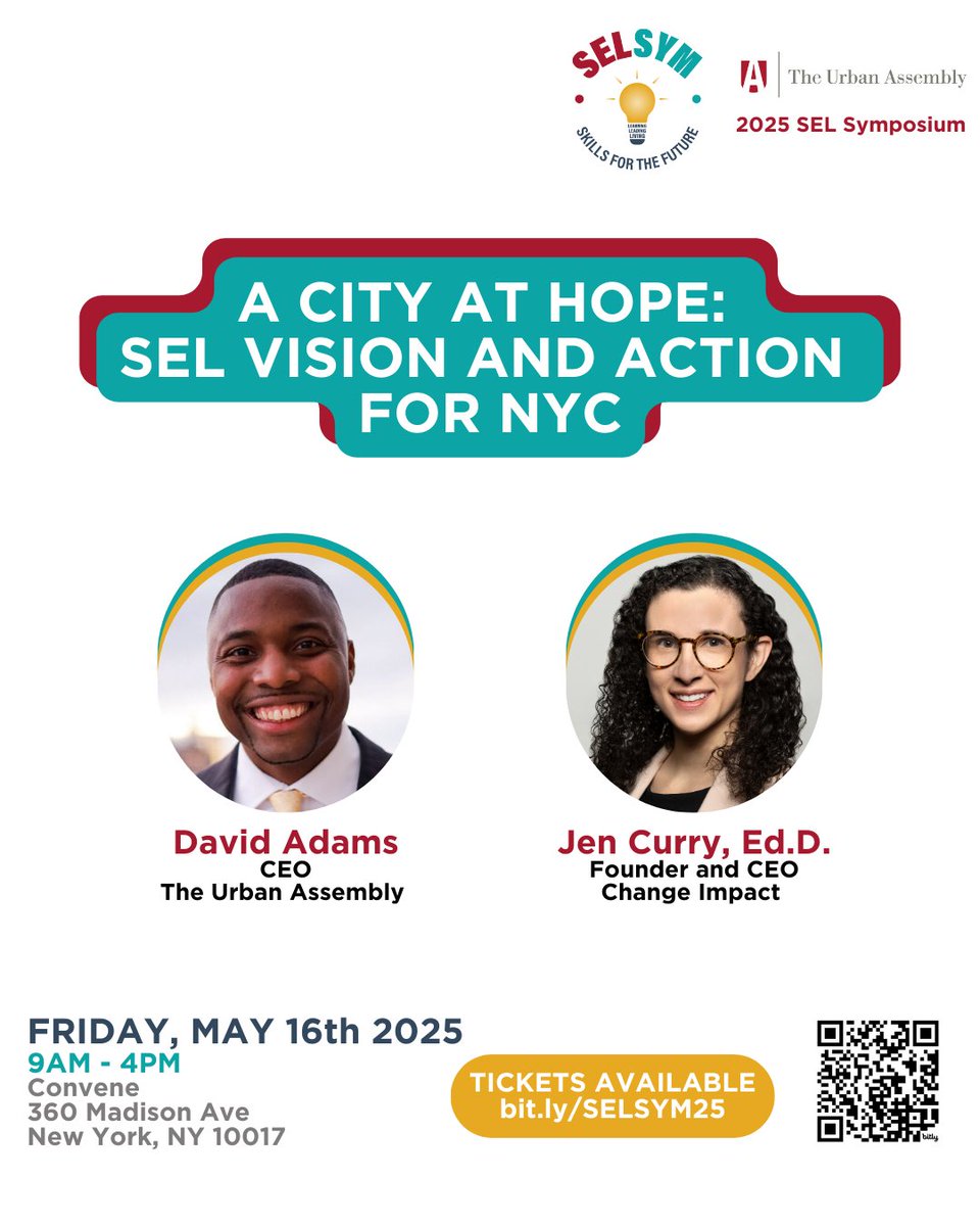 Urban Assembly (@urbanassembly) on Twitter photo Power Duo Alert at our 8th annual SEL Symposium! Join Dr. Jen Curry, Founder/CEO of Change Impact, and David Adams, Urban Assembly’s very own CEO, as they reveal what it takes to build a citywide vision for SEL. Secure your ticket: bit.ly/SELSYM25 or link in bio! Power Duo Alert at our 8th annual SEL Symposium! Join Dr. Jen Curry, Founder/CEO of Change Impact, and David Adams, Urban Assembly’s very own CEO, as they reveal what it takes to build a citywide vision for SEL. Secure your ticket: bit.ly/SELSYM25 or link in bio!