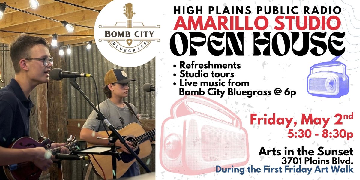 THIS FRIDAY NIGHT: Amarillo Studio's Open House at Arts in the Sunset ~ LIVE MUSIC from Bomb City Bluegrass! Stop by the First Friday Art Walk from 5:30-8:30p &amp; see the new digs! - mailchi.mp/hppr/open-hous…